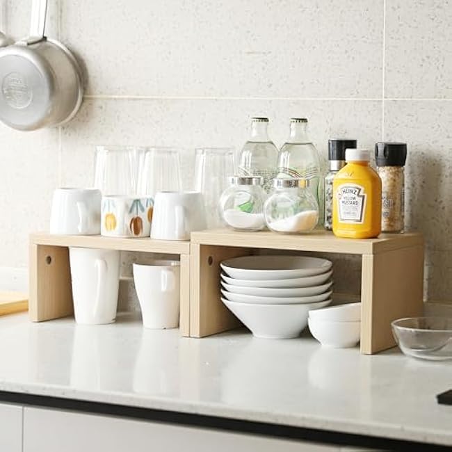 Cabinet Organizer Shelf, Set of 2 Kitchen Counter Shelves, Kitchen Storage, Spice Rack, Stackable, Expandable, Solid Wood Eco Board£¬Mug Storage Rack (White Color, M)