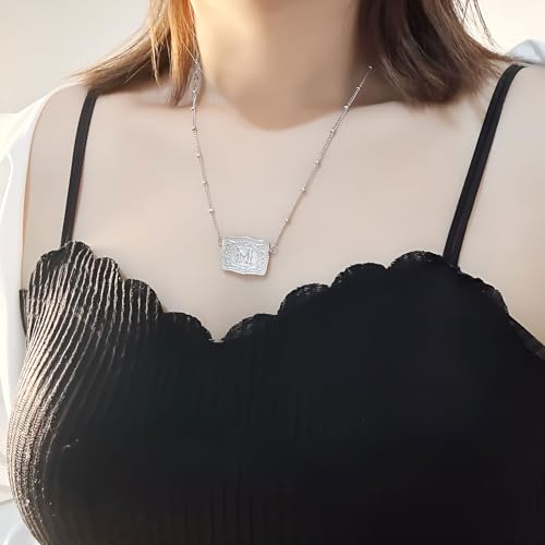 Initial Letter Necklace for Women Embossed Belt Buckle Necklace Sliver Personalized Pendant Necklace Western Jewelry Gift for Women2