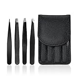 Tweezers Set (4 pieces) Black Stainless Steel Tweezers with Beautiful Bag, Flat, Slant Tip, Point...