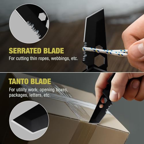 Image of Mini Keychain Knife with Carabiner - 1.3 inch Tanto Serrated Blade - 6 in 1 Black Multitool - Bottle Opener Box Cutter Liner Lock - EDC Gadgets - Legal Folding Small Pocket Knives for Men Women 2248 MB