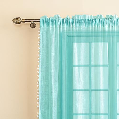 Image of HOMEMONDE Sheer Curtains with Decorative Side Border Pompom Curtain for Customize, Linen Textured Light Filtering, Rod Pocket, 1 Piece - Celeste