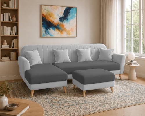 Image of Atticus LHS 6 Seater L Shape Sofa Set with Ottoman Living Room (Black Grey Colour Fabric) Premium Fabric Sofa Set for Living Room