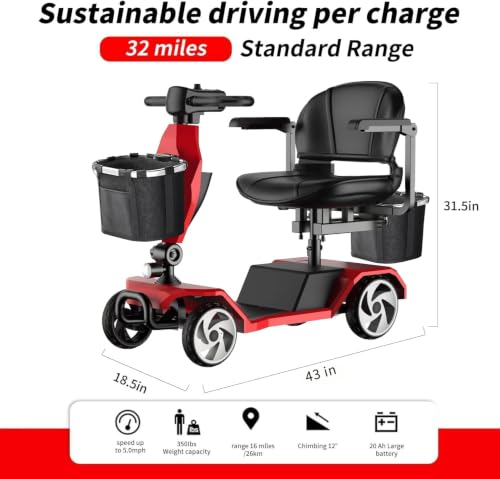 Image of 20A &32 Miles Electric Mobility Scooter for Adults, Elderly. Wheelchair Device for Travel. Capacity 350 lbs, 350W Mobility Scooters for Seniors with Removable Battery and Two Baskets(Y3#RED)