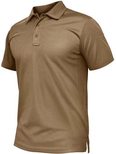 TACVASEN Mens Polo Shirts Short Sleeve Dry Fit Collared Shirt Performance Pique Polos Moisture Wicking for Tactical Athletic Golf Brown L