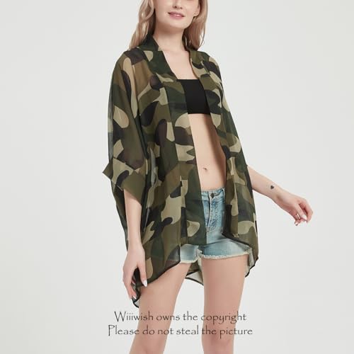 Women's Kimono Cardigans Camouflage Sheer Chiffon Blouse Boho Wrap Casual Coverup Loose Tops2