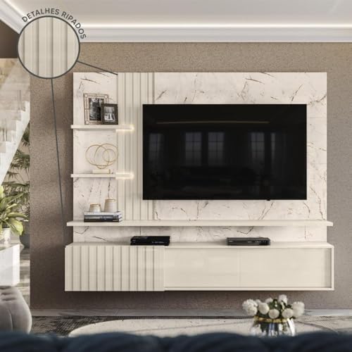 Painel para Tv até 65 Polegadas Led Ripado 2 Portas Atena Madetec Calacata/off White