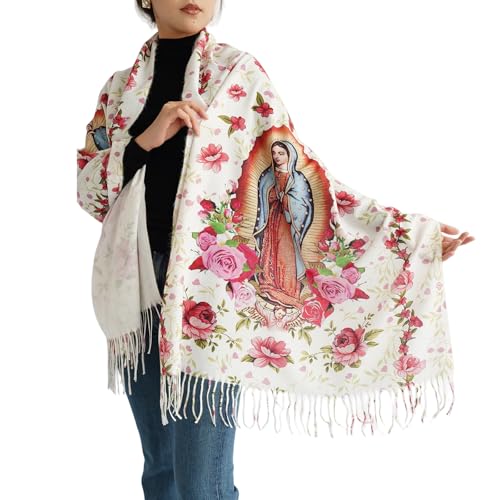 Cylanta Virgen de Guadalupe Shawl Wraps Virgin Mary Blanket Scarf with Rose Soft Shawls Catholic Gifts for Woman Mother