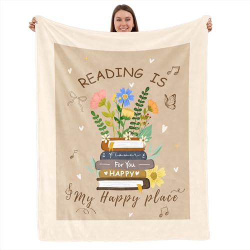 TURMTF Reading is My Happy Place Flower Book Throw Blanket - Cozy Flannel Blanket for Book Lovers, Gift for Readers Women Bookworms, Ideal for Bed Sof