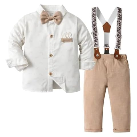 Tiepant Baby Boy Clothes Sets Bowtie Long Sleeve Button Down Printed Shirt Shirts with Bowtie Suspenders Brown Pants Gentleman Wedding Outfits 9-12M Cover