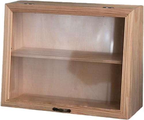 Haruze コレクションケース フィギュア収納キャビネットミニ食器棚 化粧品収納キャビネット 卓上上置きキッチン収納ラック ディスプレイケース 木製 アクリル ガラス 透明 2 段棚板タイプ 小型 横長 アンティーク風 おしゃれ 完成品 多用途収納 ディ