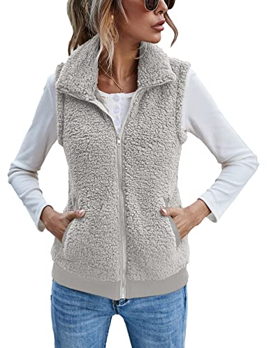 LOMON Womens Fuzzy Fleece Vest, Casual Warm Sleeveless Zip Up Sherpa Vest Jacket with Pockets for Fall/Winter