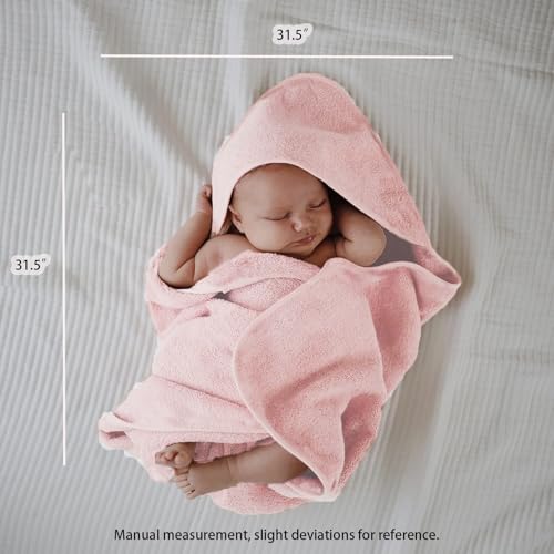 Image of Baby Hooded Bath Towel 31.5 inchx31.5 inch Ultra Absorbent Cloud-Soft Cozy Coral Fleece, for Newborn Infant Toddler Up to 3 Years, Unisex Bathrobe Blanket 2PCS(Sakura Pink)