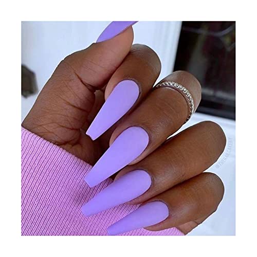 Press on Nails Long Color Gel Fake Nail, Solid Color Manicure Set Including Jelly Glue, Nail File, Cuticle Stick, 24 Pcs. (purple – frosted)