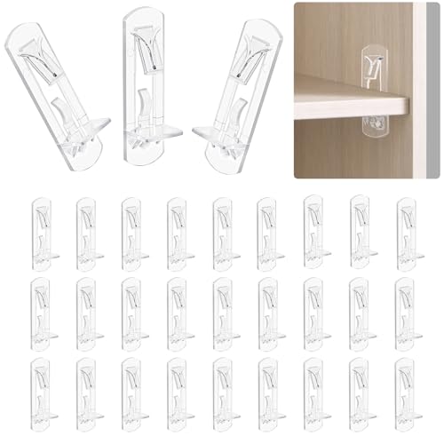 30PCS Clear Plastic Shelf Support Pegs for 3/4 Thick Wood Shelving 6.9mm Peg Cabinet Shelf Clips with Self-Locking Design Secure Kitchen Cabinet Shelf Pegs for Bookshelves and Storage Organizers