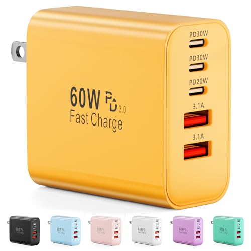 Image of USB C Charger Block, 60W 5-Port Type C Charger Fast Charging Blocks | USBC Multiple Port Wall Charger Plug for iPhone 17 /16 /15 /14 /13 /12 /11 Pro Max, Samsung Galaxy, Android Phone, iPad, Yellow