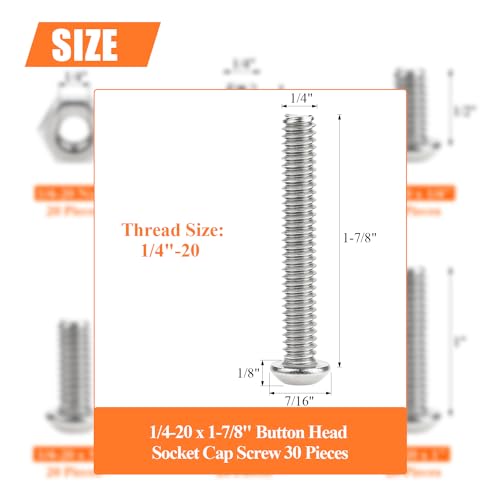 Image of 30 Pieces 1 /4-20 x 1-7 /8 inch Button Head Socket Cap Screws Bolts, HELIFOUNER 304 Stainless Steel (18-8) Screws, Bright Finish, Fully Threaded