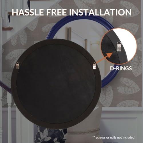 Image of Howard Elliott Collection George Round Glossy Navy Wall Mirror, Bevelled Vintage Hanging Wood Framed Vanity Mirrors for Home Decor, Living Room, Bathroom, Bedroom, or Hallway, 36 Inch Round