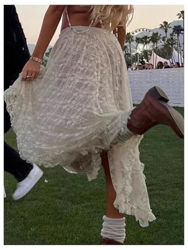 Verdusa Women's Boho Western Asymmetrical Lace Long Skirt Sheer Ruffle Skirts3