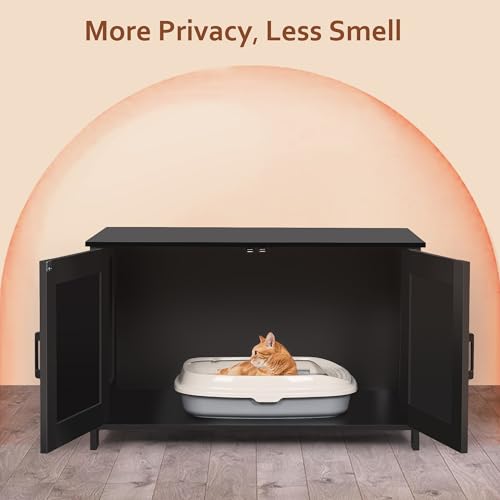 image for Homhedy Cat Litter Box Enclosure, Wooden Cat Washroom Furniture with B