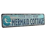 Custom Beach Sign Mermaid Cottage Personalized Beach Theme Girls Room Beach House Bathroom Wall Art 4x18 104182002063