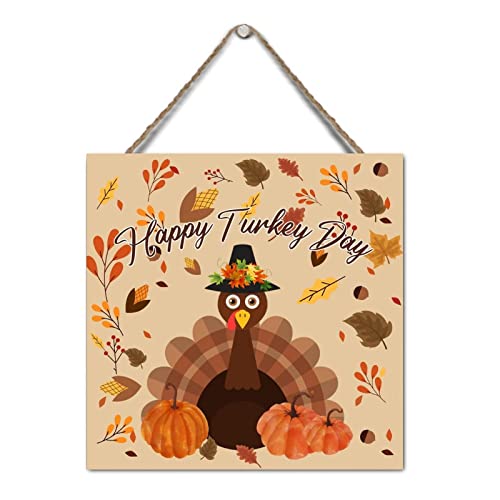 Targa in legno con scritta "Happy Turkey Day", scritta "Happy Turkey Day", scritta in inglese "Autumn Happy Thanksgiving Day", in legno rustico, da appendere, in legno, per sala giochi, 30,5 x 30,5 cm