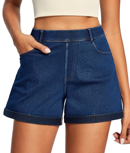 IUGA Stretchy Jorts Women Pull On Blue Jean Shorts Womens High Waisted Folded Hem Denim Shorts Summer Casual with Pockets