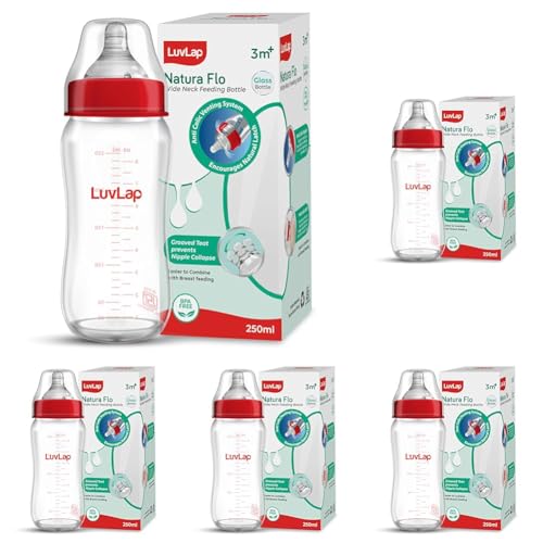 Image of LuvLap Natura Flo Wide Neck Glass Feeding Bottle, New Born /Infants /Toddler Upto 3 Years, BPA Free, Ergonomic Shape is Easy to Hold, with Anti Colic Nipple, 250ml (Pack of 5)