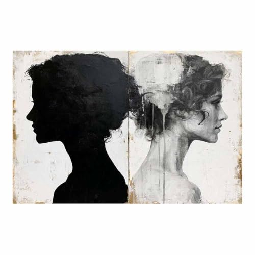 Peinture sur toile en noir et blanc silhouette de dame double pour salon 60x80cm sans cadre