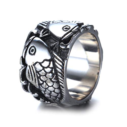 CHLOBG Men's Stainless Steel 14MM Vintage Carp Fish Bands Punk Wedding Band Silver Ring Size 11