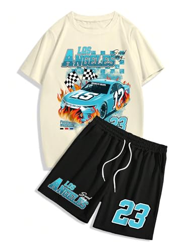 Floerns Men's 2 Piece Outfit Short Sleeve Graphic Tee and Drawstring Shorts Set Beige and Black X-Large2