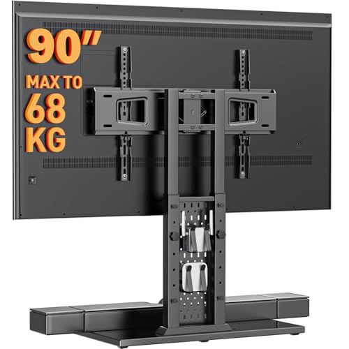 Perlegear Universal Swivel TV Stand with Pegboard Storage, Height Adjustable Table top TV Stand Mount for 42-90 Inch TVs, up to 150 lbs with Large Glass Base for Stability, Max VESA 600x400mm