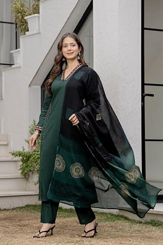 Image of MEERA FAB Women Floral Printed Pure Cotton Straight V-Neck Kurta with Palazzos & Dupatta