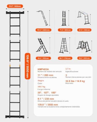 Miniatura 7 de Vevor Escalera Plegable Multiusos, Escalera Extensible Alta 7 En 1, Estructura En A De 3 Escalones Con Tablones De Andamio, Capacidad De 149,7 Kg Para El Hogar Y El Exterior, 1170 X 608 X 1730 Mm
