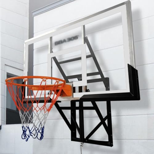 Wall Mounted Adjustable Basketball Hoop with Tempered Glass Backboard and Heavy-Duty Rim, Ideal for Gyms Garages and Schools, Suitable for Outdoor and Indoor Use