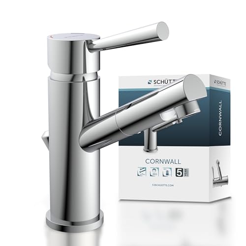 SCHÜTTE Waschtischarmatur Cornwall Badarmatur Wasserhahn für das Bad Einhebelmischer mit Ablaufgarnitur Chrom Hochdruck