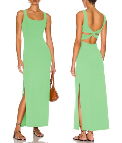 Image of Women Backless Bodycon Maxi Dress High Side Slit Twist Back Tank Dress | Criss Cross Twist Back Clubwear Scoop Neck Evening Party Dress Casual Vacation Beach Sundress Sleeveless Slit Prom Gown