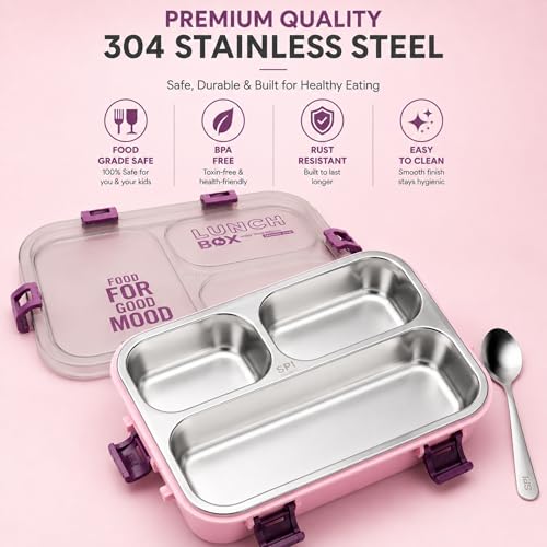 Image of Stainless Steel Lunch Box with 3 Compartments Leak Proof Airtight Lid BPA Free Food Storage Container Durable Portable Bento Tiffin for Kids Adults Office School Picnic (Light Pink)