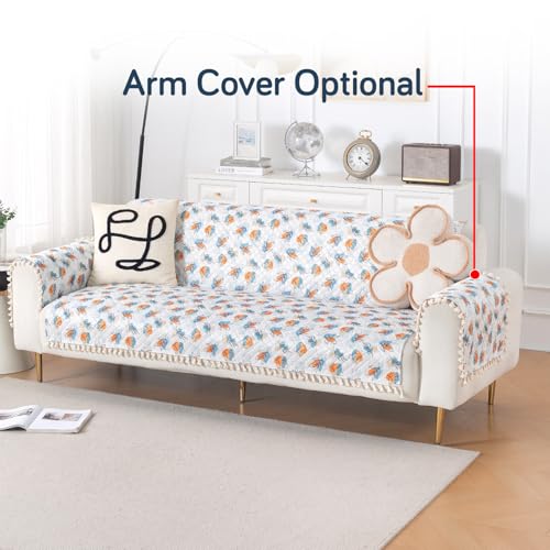 Image of HOKIPO Abstract Petals Quilted Sofa Cover 5 Seater with Tassels Set - Sofa Cover for Seat & Back | 'Tassel Twigs' Series (IN-991-T10 + IN-989-T10)