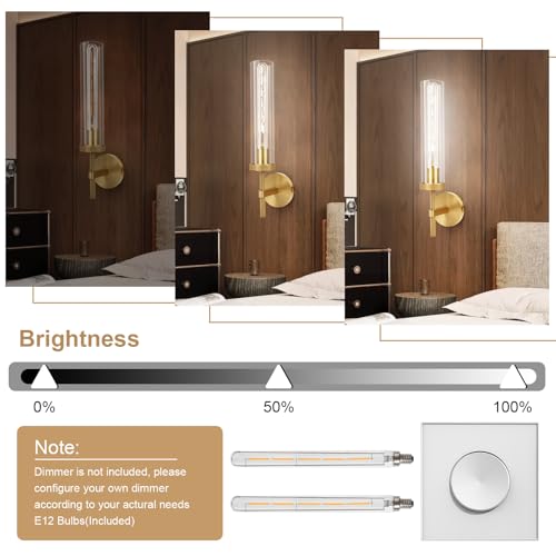 Image of Brass Wall Sconces Set of Two with White Lights, 19.5'' Brushed Brass Knurled Bathroom Sconces Wall Lighting Vanity Light with Clear Glass for Living Room Mirror Bedroom Stairs
