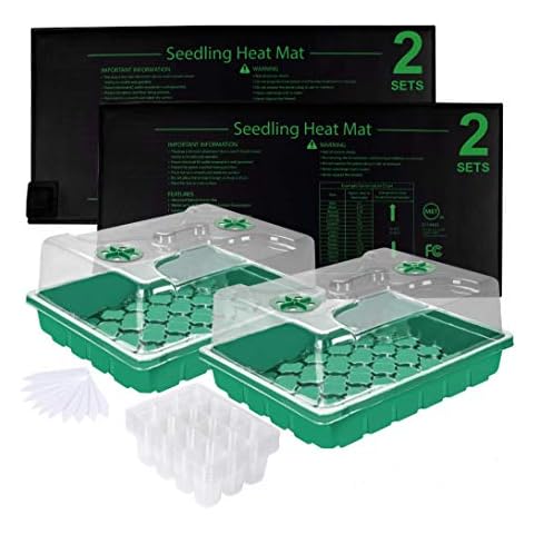 2 Sets Strong Seed Trays with Heat Mats, 48-Cell Seed Starter Kit, Plant Growing Trays with Humidity Domes for Microgreens, Soil Blocks, Rockwool Cubes, Wheatgrass, Hydroponic - Green Cover