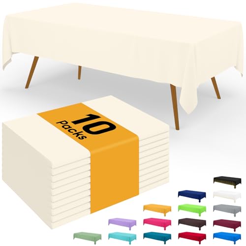 Image of Smiry Disposable Table Cloth - 10 Pack, 54 x 108 Inch Waterproof Rectangle Tablecloths for Parties, Decorative Plastic Table Cover, Leakproof & Sturdy, Beige