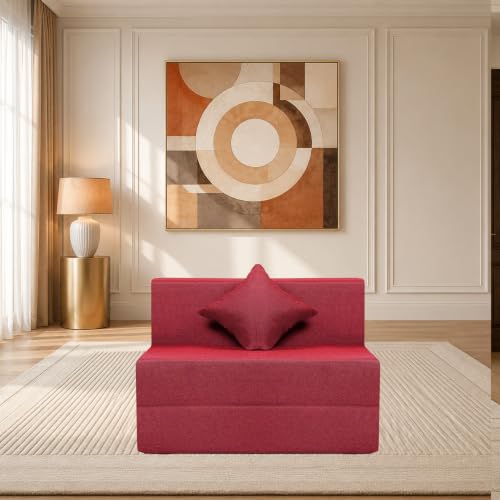 Image of Seventh Heaven 1 Seater 6 * 3 Jute Fabric Washable Cover Sofa Cum Bed with 1 Cushion 1 Seater Single Foam Fold Out Sofa Cum Bed (Finish Color - Maroon Delivery Condition - Pre-Assembled)