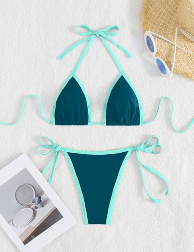 Image of Tainehs Women's Sexy Halter Thong Bikini Tie Two Sides Bottom Triangle Bikini Swimsuits