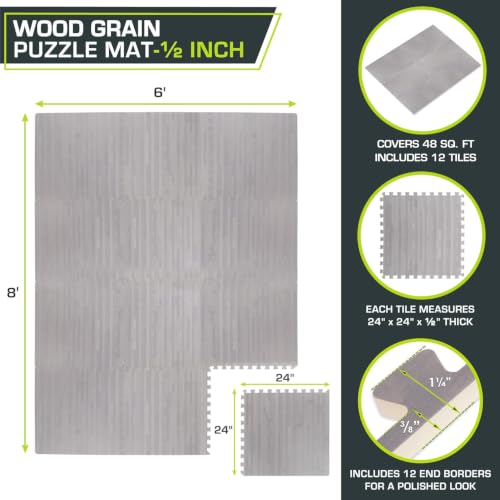 Image of ProsourceFit Wood Grain Puzzle Mat 1 /2-inch, 12 EVA Foam Interlocking Floor Tiles (48 SQ FT) for Secure Indoor Gym Flooring, Office Spaces, Living Rooms, and Play Areas, Slate Grey