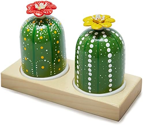 JOMO JOY Salt and Pepper Cactus Shaker Set with Wood Tray | Ceramic Salt & Pepper Shakers | Cactus Shaker Set | Salt & Pepper Dispensers Salt Pepper Holders | Kitchen Decoration | Kitchen Table Decor