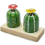 JOMO JOY Salt and Pepper Cactus Shaker Set with Wood Tray | Ceramic Salt & Pepper Shakers | Cactus S