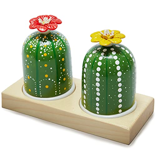 Jomo Joy Salt And Pepper Cactus Shaker Set With Wood Tray | Ceramic Salt & Pepper Shakers | Cactus Shaker Set | Salt & Pepper Dispensers Salt Pepper Holders | Kitchen Decoration | Kitchen Table Decor #TOP20
