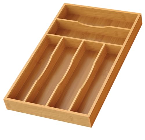 Bamboo Silverware Organizer, Bamboo Kitchen Drawer Cutlery Organizer, Utensil Holder, Flatware Organizer Tray (15.8″x9.5″x1.6″)