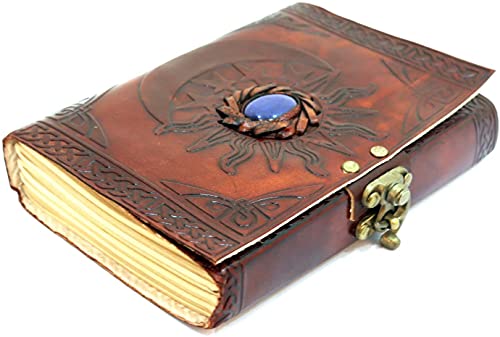 Leather Journal with Unlined Pages - Sun & Moon Blue Stone Leather Bound Writing Journal for Women & Men (6x8 in) Unlined Journals for Women, Leather Bound Notebook Journal & Diary, Embossed Stone Journal for Writing