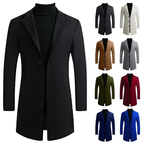 Mens Wool Notch Lapel Coat Slim Fit Mid Length Jacket Single Breasted Casual Warm Trench OerCoat with Pockets